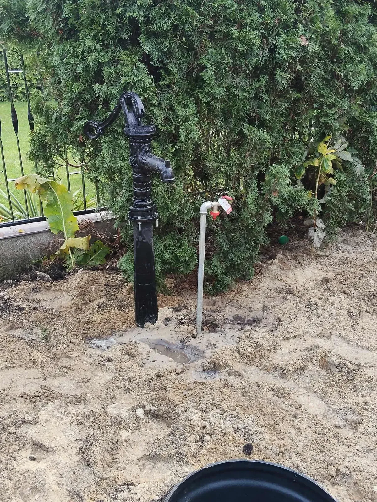Czarna żeliwna pompa ręczna i kran ogrodowy przy studni w ogrodzie
